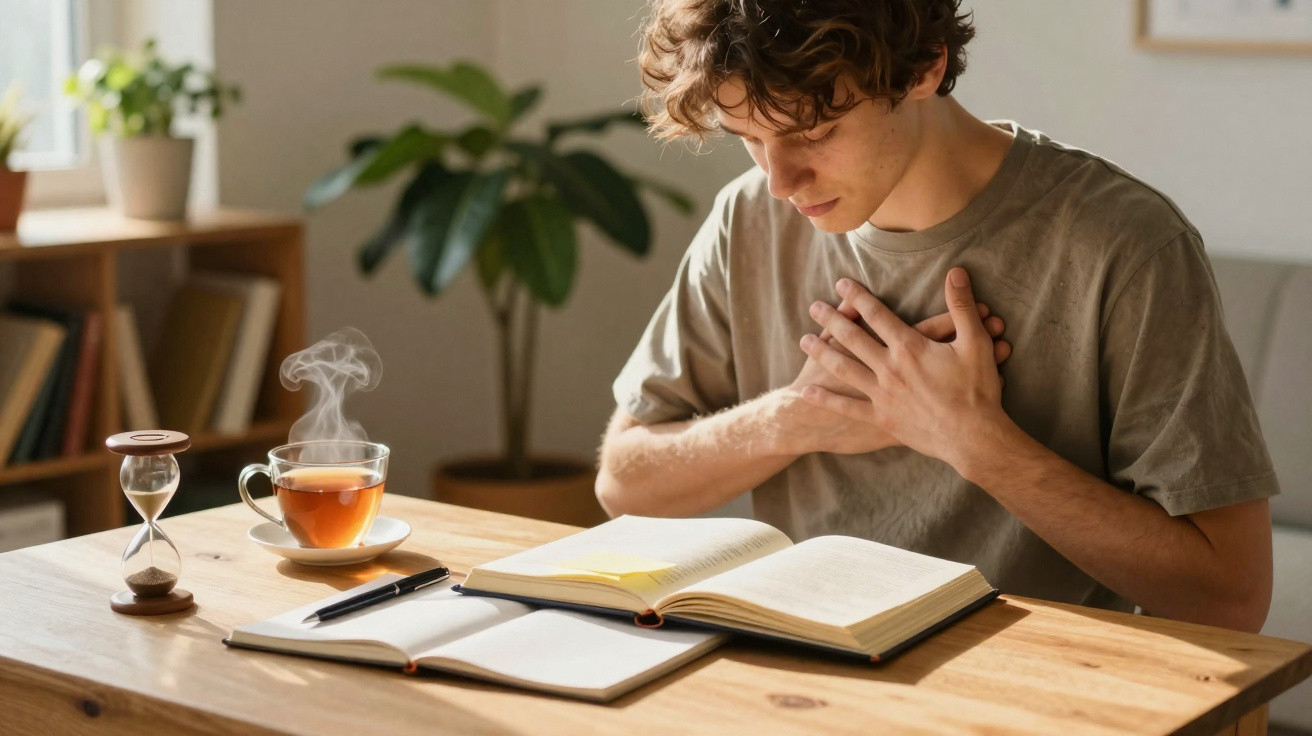Homem sentado em mesa com livros e chá, segurando o peito com expressão de dor.