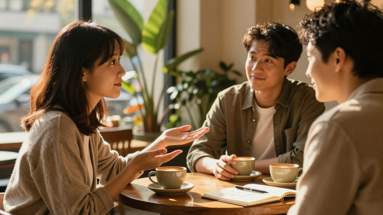 Três jovens conversando em café, com xícaras e caderno sobre a mesa em ambiente iluminado natural.
