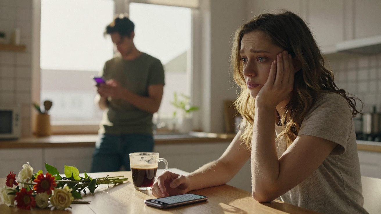 Mulher triste sentada à mesa com flores, café e celular, homem ao fundo mexendo no celular na cozinha.