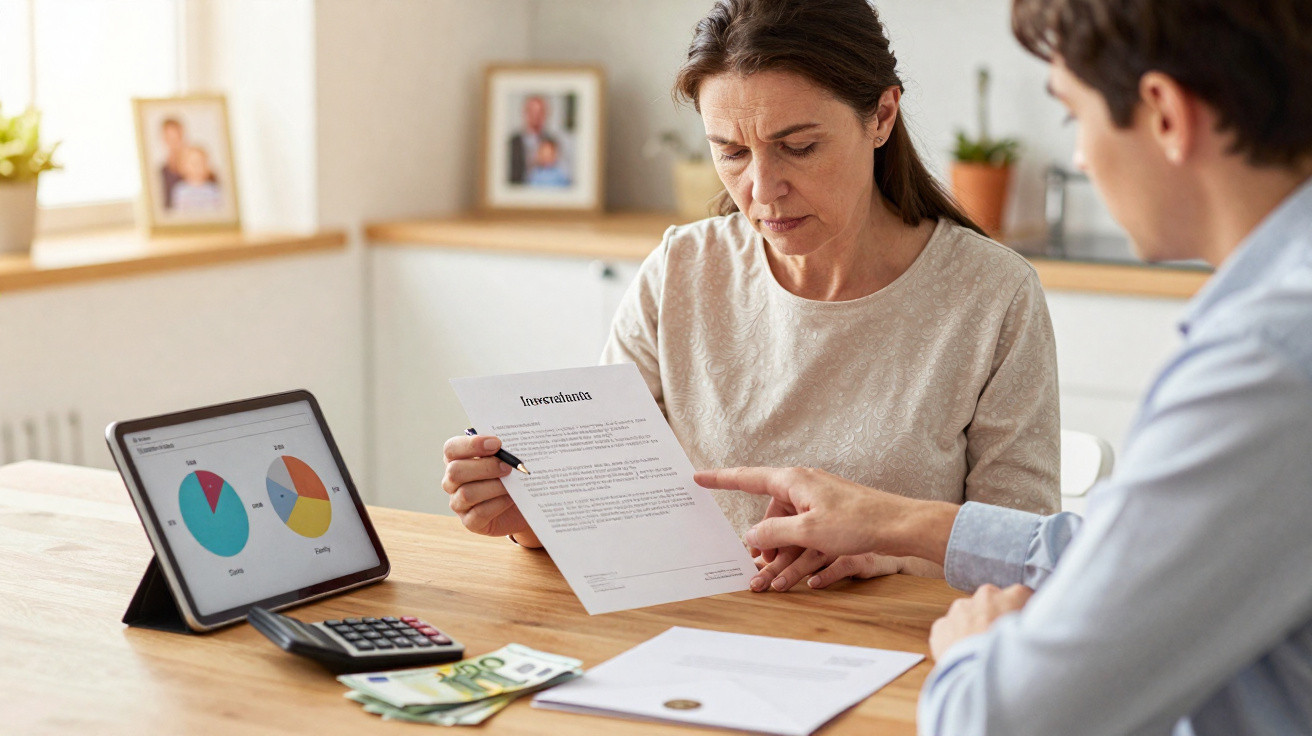 Duas pessoas analisando um documento de investimento com gráficos, calculadora e dinheiro sobre a mesa.