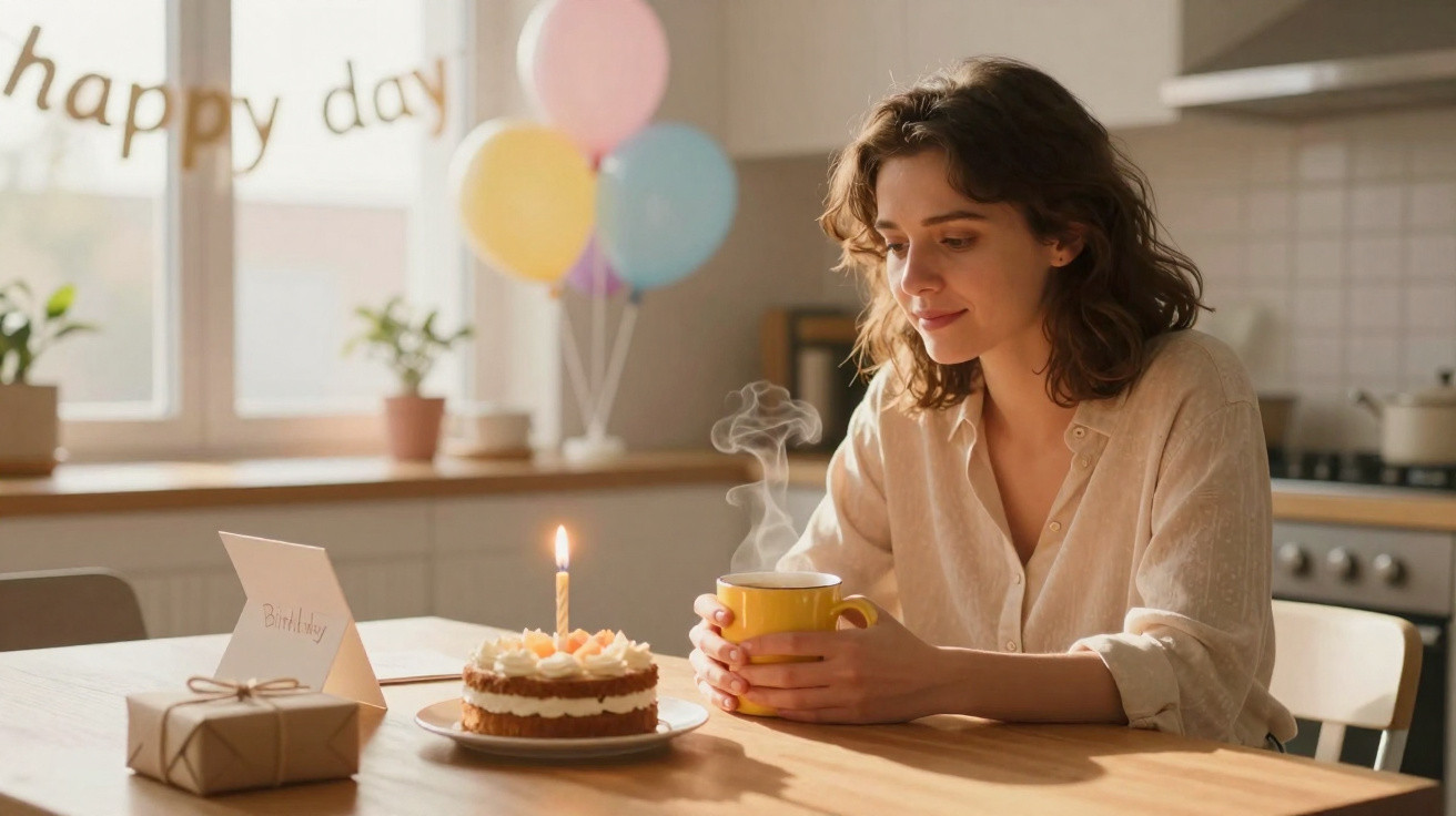 Mulher segurando caneca, olhando bolo de aniversário com vela acesa em cozinha decorada.