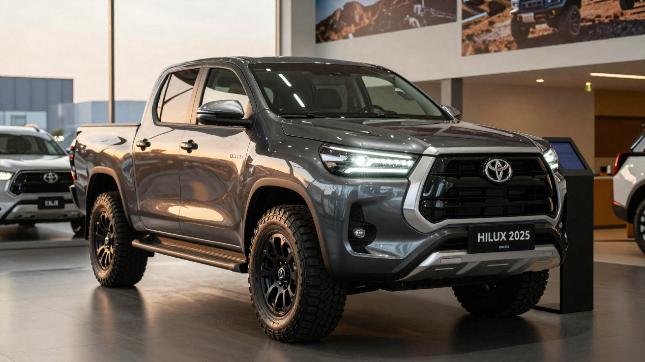 Picape Toyota Hilux 2025 cinza estacionada em showroom com faróis acesos.