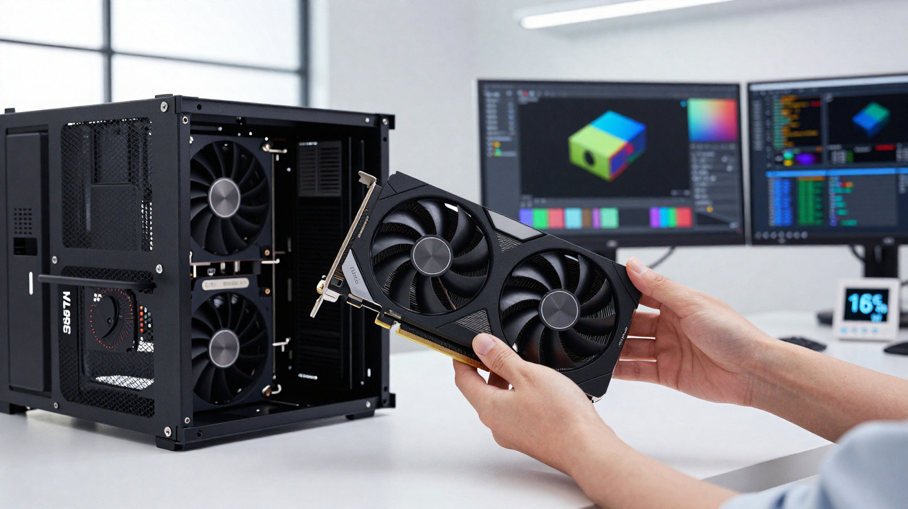 Pessoa segurando placa de vídeo perto de gabinete aberto em mesa com dois monitores exibindo softwares gráficos.