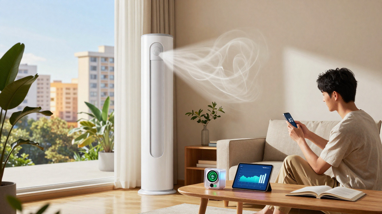 Homem sentado em sala iluminada controlando ar-condicionado digital branco com smartphone.