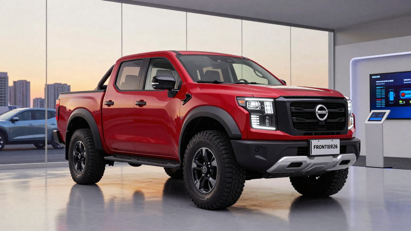 Picape Nissan Frontier 2024 vermelha em ambiente interno moderno com grandes janelas.