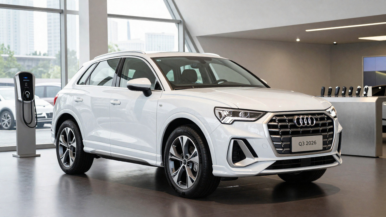 Carro SUV Audi Q3 branco exposto em showroom moderno com estação de carregamento elétrica ao lado.