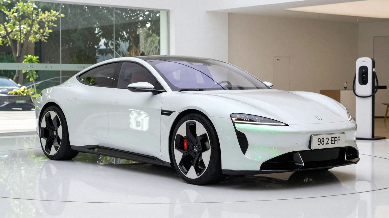 Carro esportivo elétrico branco estacionado em ambiente interno moderno com estação de recarga ao fundo.