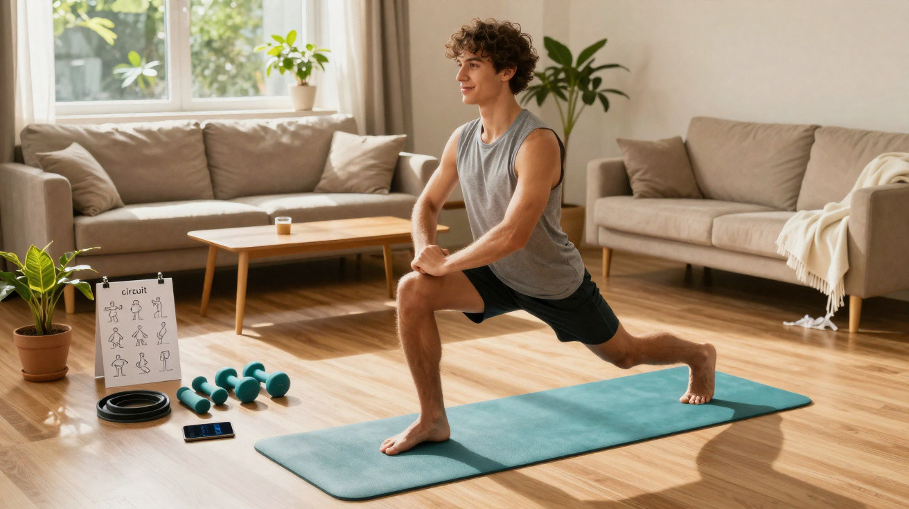 Jovem fazendo alongamento em tapete de yoga na sala com halteres e aparelho celular ao lado.