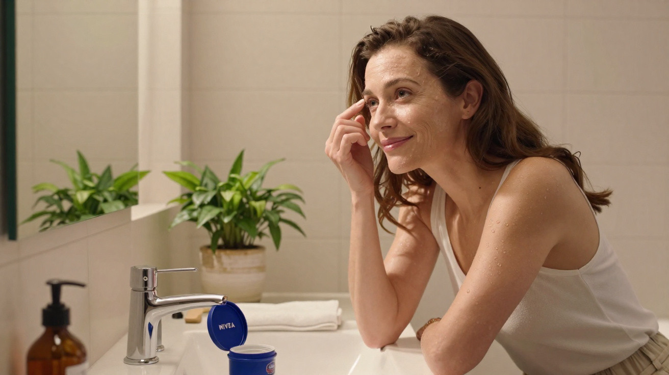 Mulher aplicando creme facial Nivea no rosto em banheiro com plantas ao fundo.