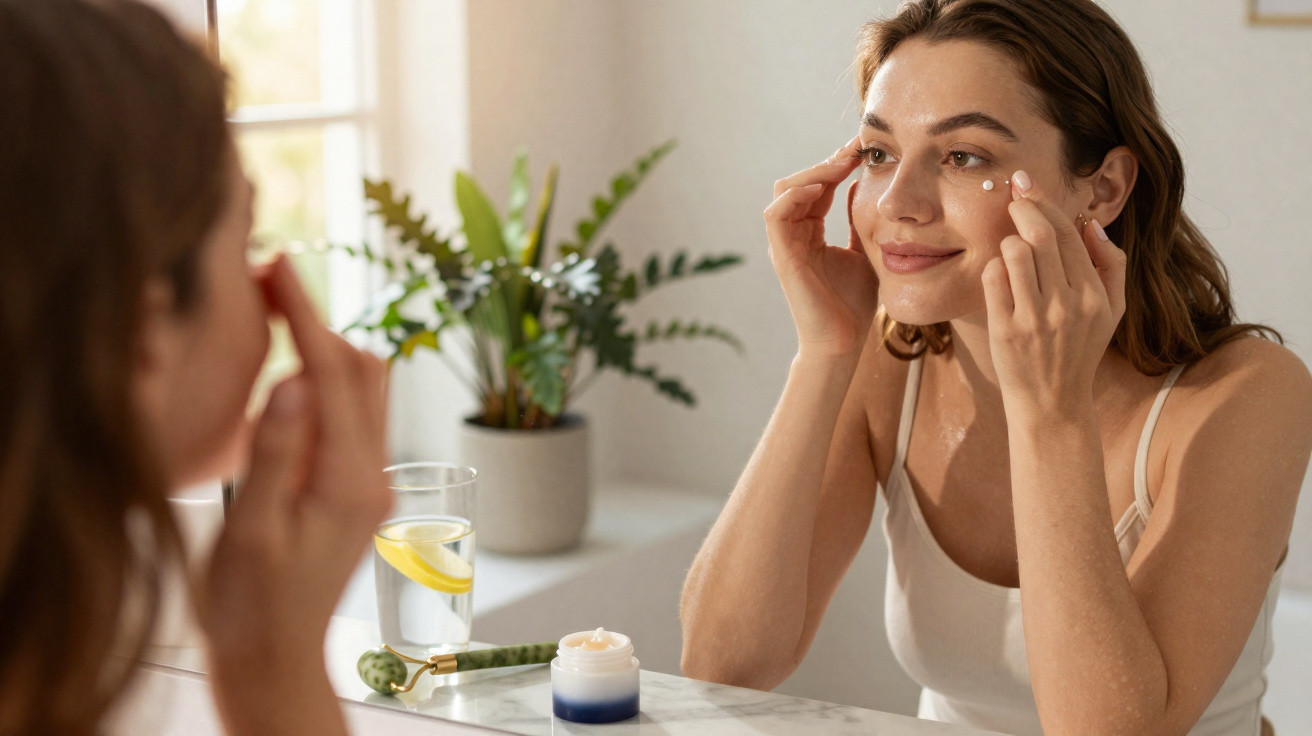 Mulher aplica creme facial ao redor dos olhos em frente ao espelho no banheiro iluminado.