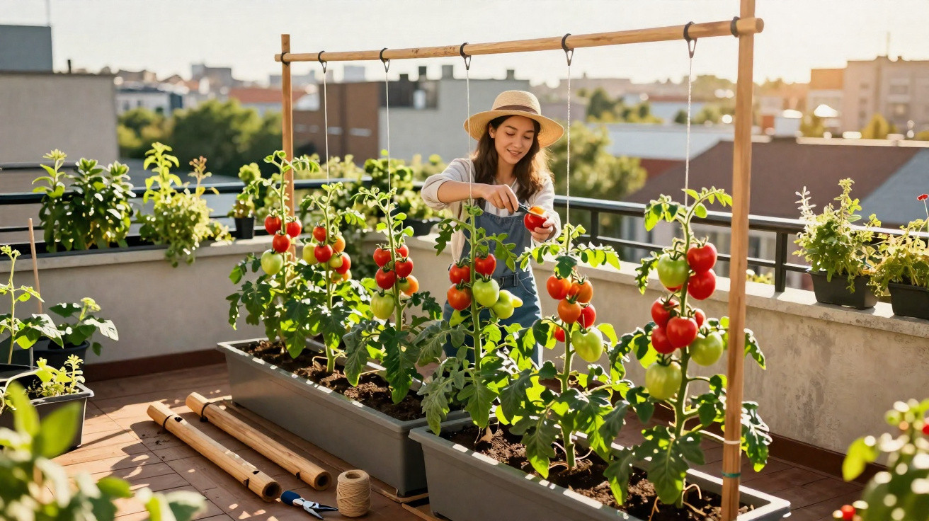 Jovem colhendo tomates maduros em vasos na horta de uma varanda ensolarada.