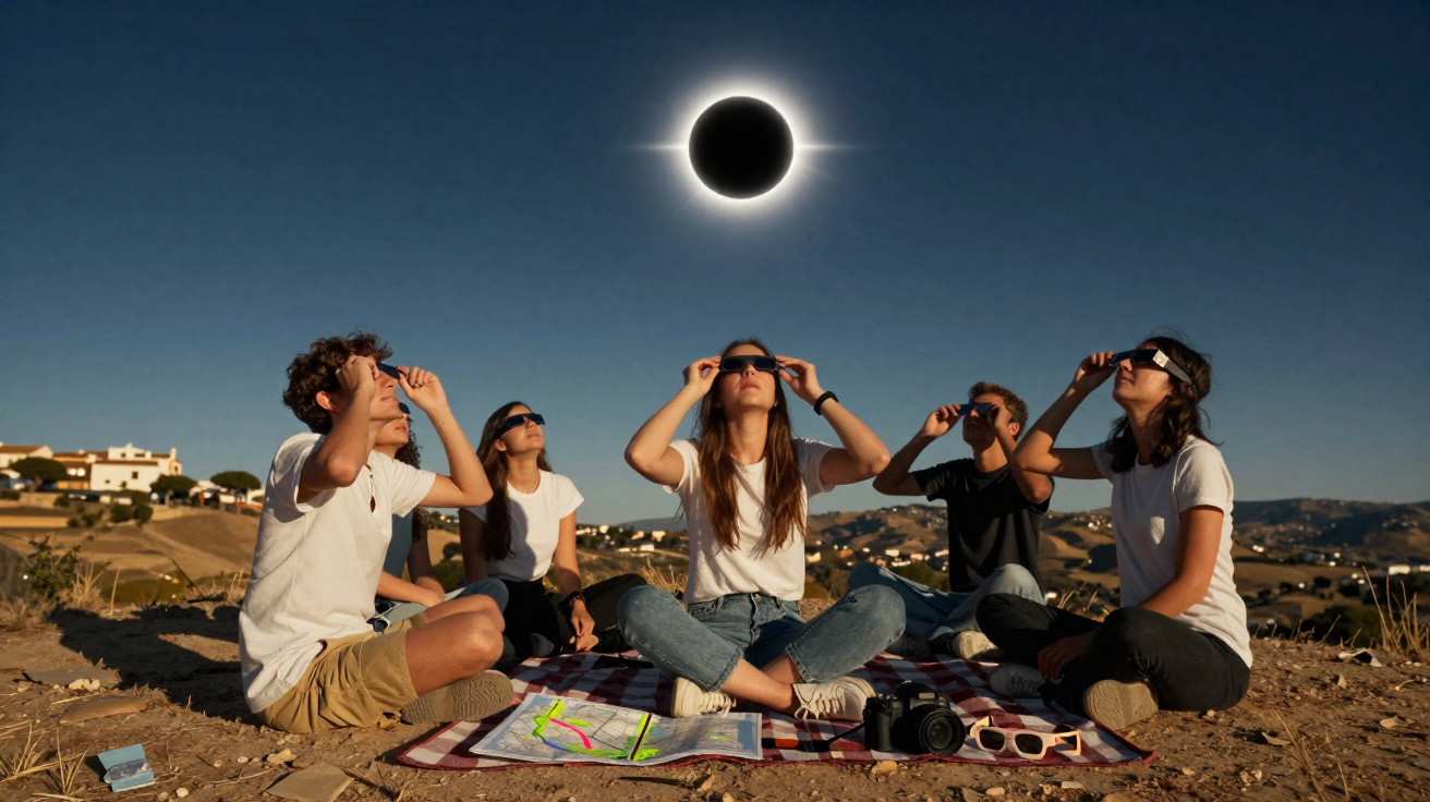 Grupo de cinco pessoas sentadas em campo observando eclipse solar com óculos especiais.