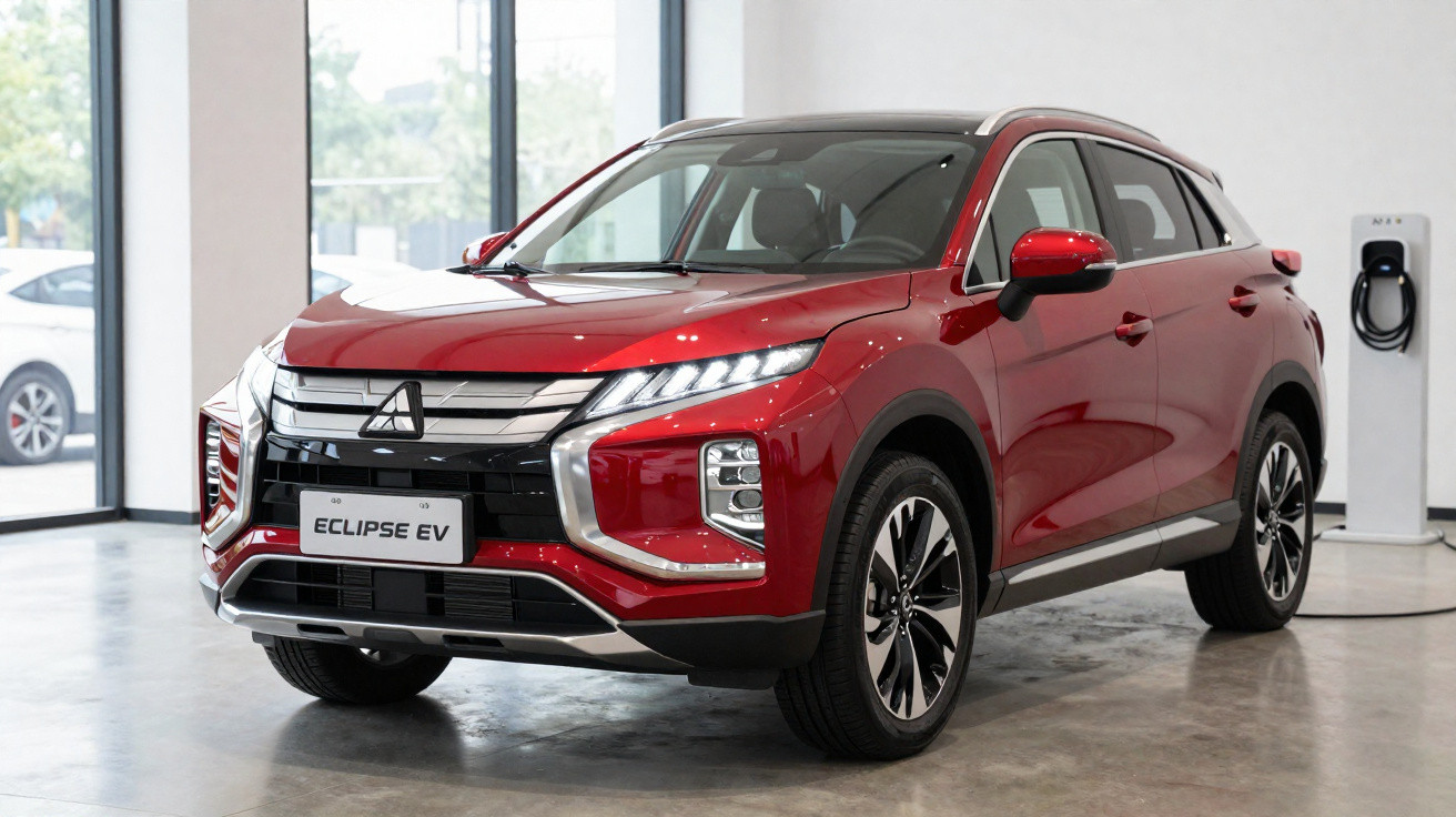 SUV elétrico vermelho Mitsubishi Eclipse EV estacionado em showroom moderno com carregador ao fundo.