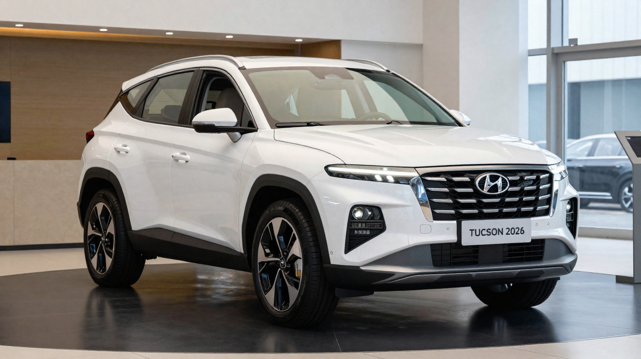 SUV Hyundai Tucson 2026 branco exposto em showroom moderno com iluminação interna.