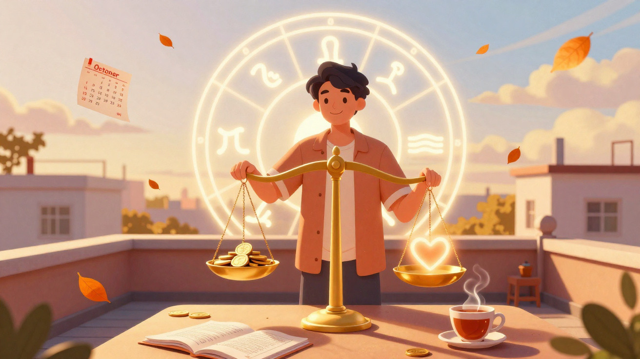 Pessoa equilibrando moedas e um coração em uma balança, com signos zodiacais ao fundo.