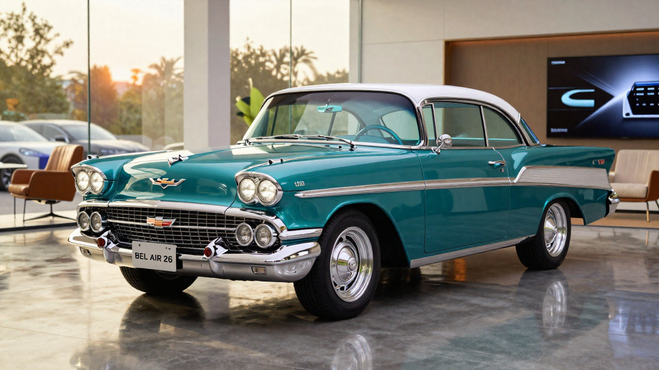 Carro clássico Chevrolet Bel Air 1958 verde com capô branco em showroom moderno com chão de concreto polished.