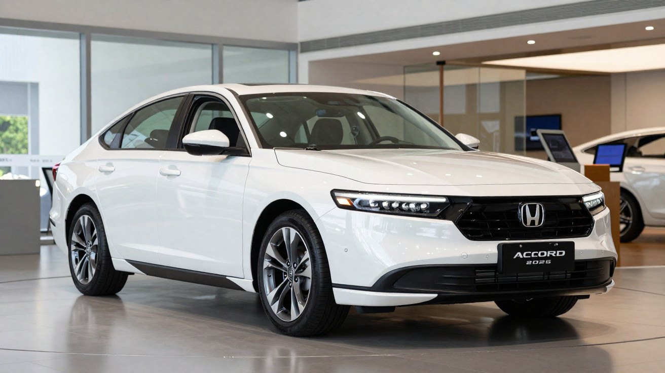 Carro sedã branco Honda Accord 2023 exibido em showroom moderno e iluminado.