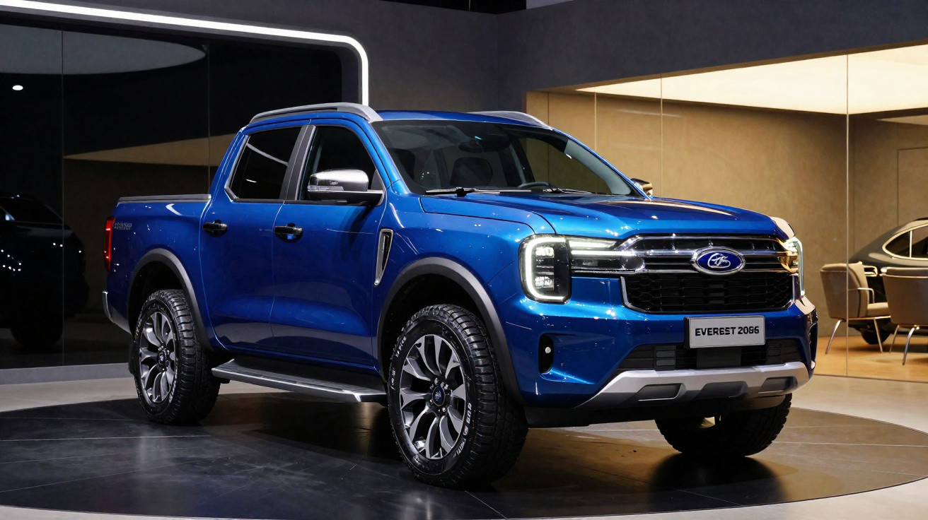 Picape Ford Everest 2065 azul em destaque em ambiente moderno interno.