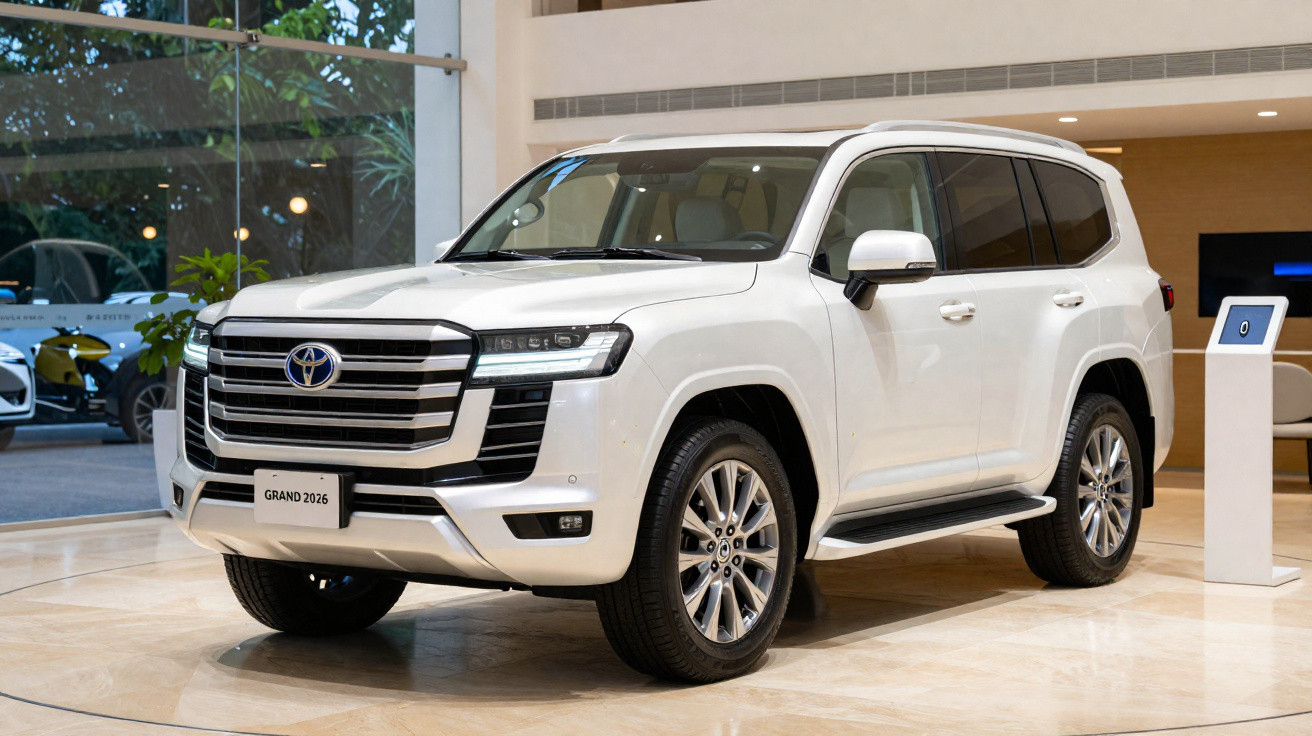 SUV Toyota Grand 2026 branco exibido em showroom moderno e bem iluminado.