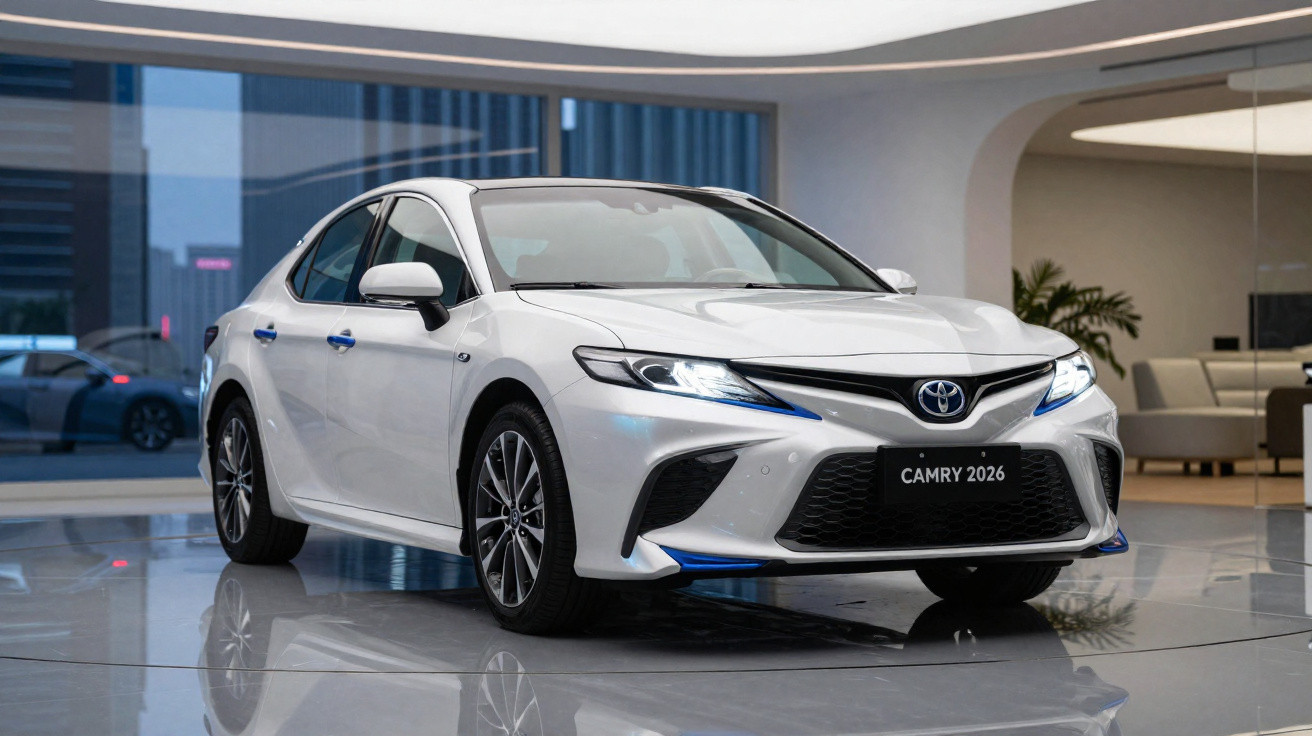Sedã branco Toyota Camry 2026 em showroom moderno com iluminação sofisticada refletida no piso.