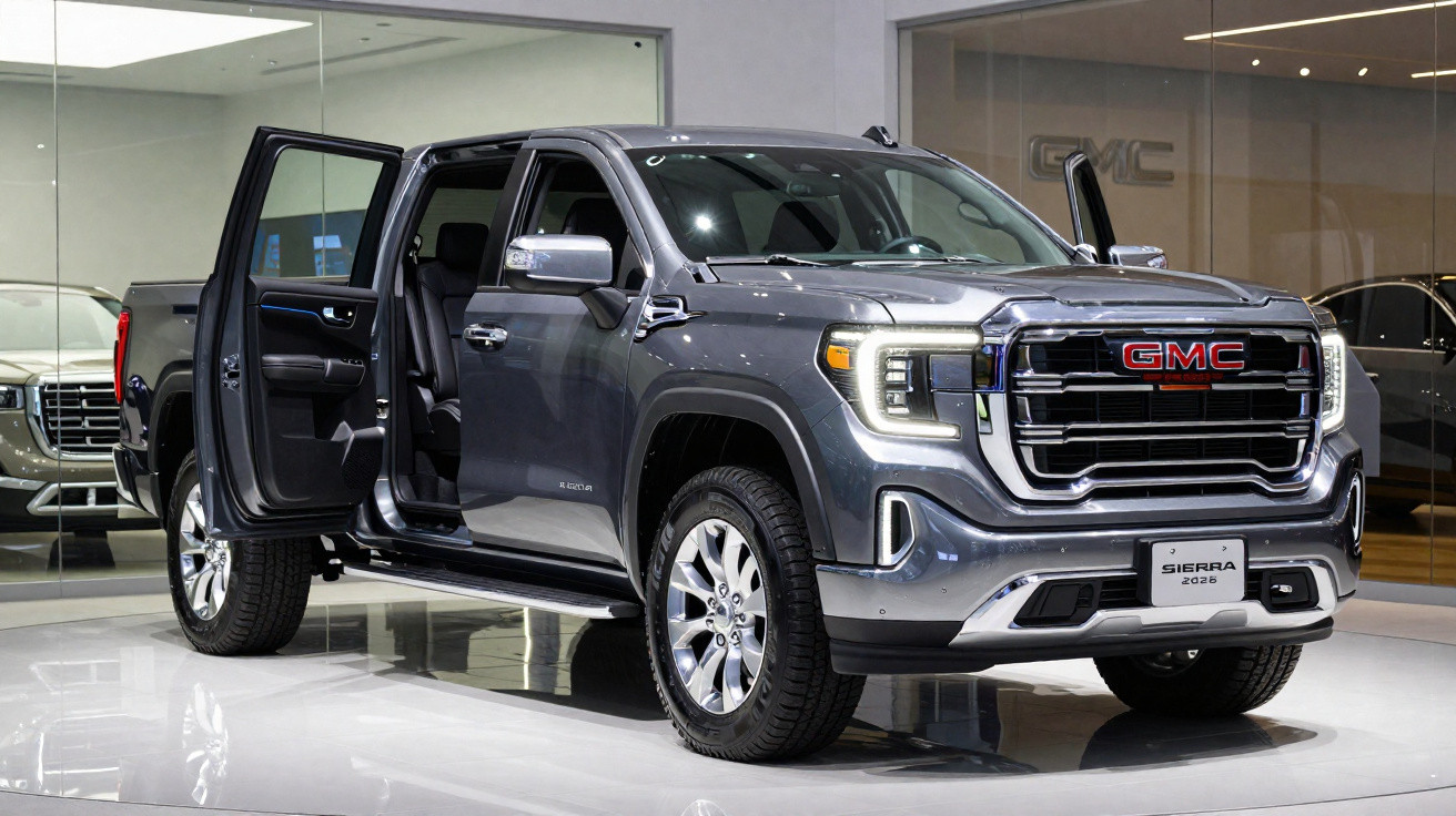 Picape GMC Sierra 2023 cinza com portas abertas em showroom moderno e iluminado.