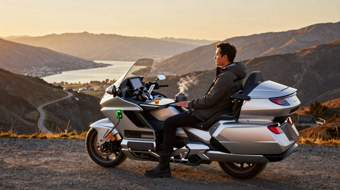 Homem sentado em moto prata estacionada em estrada com vista panorâmica de montanhas ao pôr do sol.