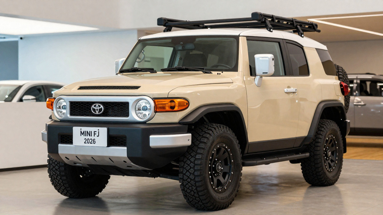 SUV Toyota Mini FJ 2026 bege com rodas pretas e rack de teto em exposição interna.