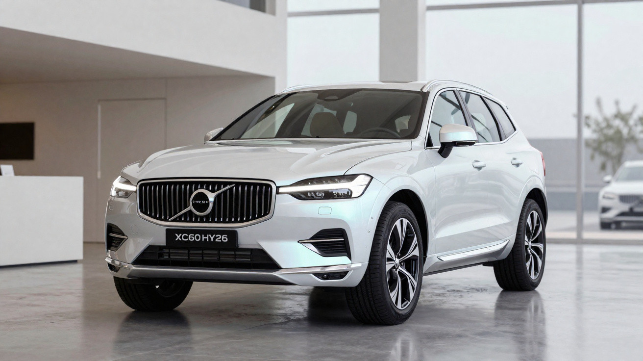 Carro SUV Volvo branco modelo XC60 estacionado em showroom moderno com piso cinza.