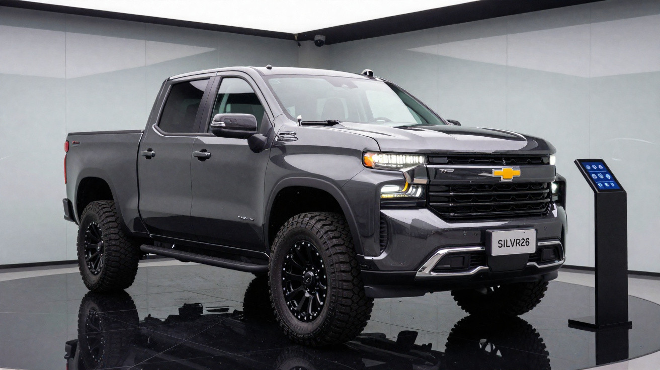Picape Chevrolet Silverado cinza escuro em exposição com pneus off-road e placa SILVR26.