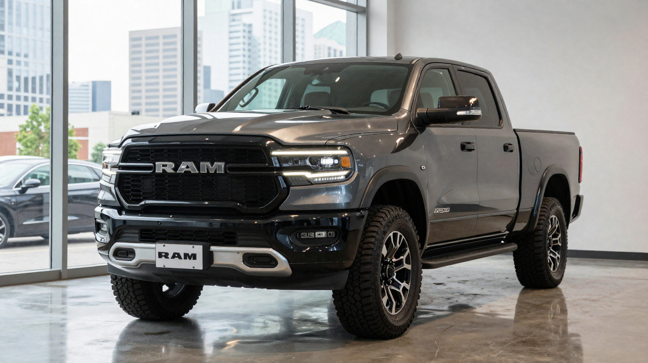 Picape RAM preta exibida em showroom moderno com janelas grandes e vista urbana ao fundo.