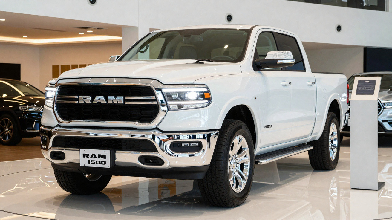 Picape branca RAM 1500 exposta em showroom com detalhes cromados e faróis acesos.