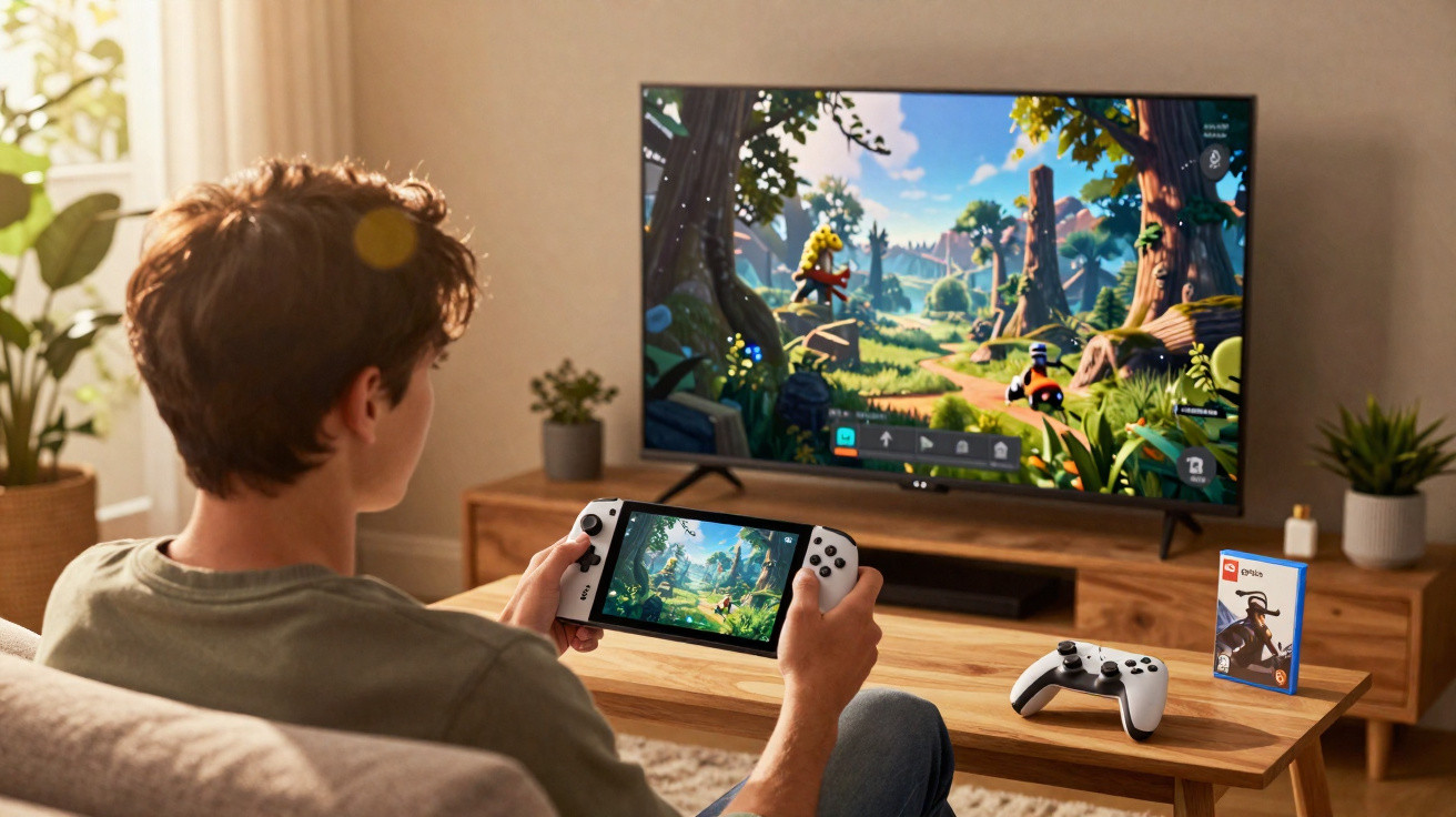 Jovem sentado no sofá jogando videogame em console portátil com jogo exibido na TV à sua frente.