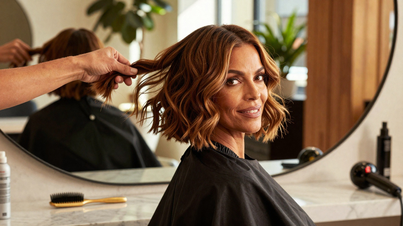Mulher sorrindo com cabelo ondulado curto enquanto cabeleireiro arruma seus fios em salão moderno.
