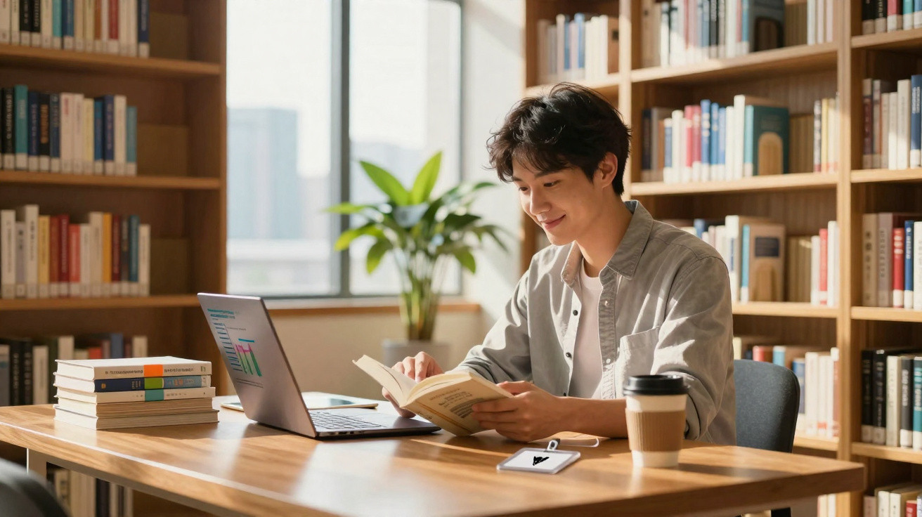 Jovem estudando em biblioteca, lendo livro com notebook e café sobre a mesa iluminada pelo sol.