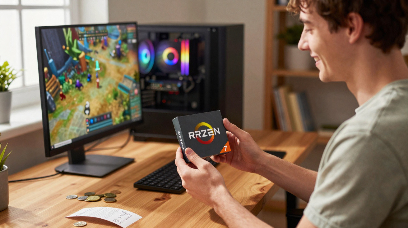 Pessoa segurando processador Ryzen 7 perto de computador com jogo na tela em mesa de madeira.