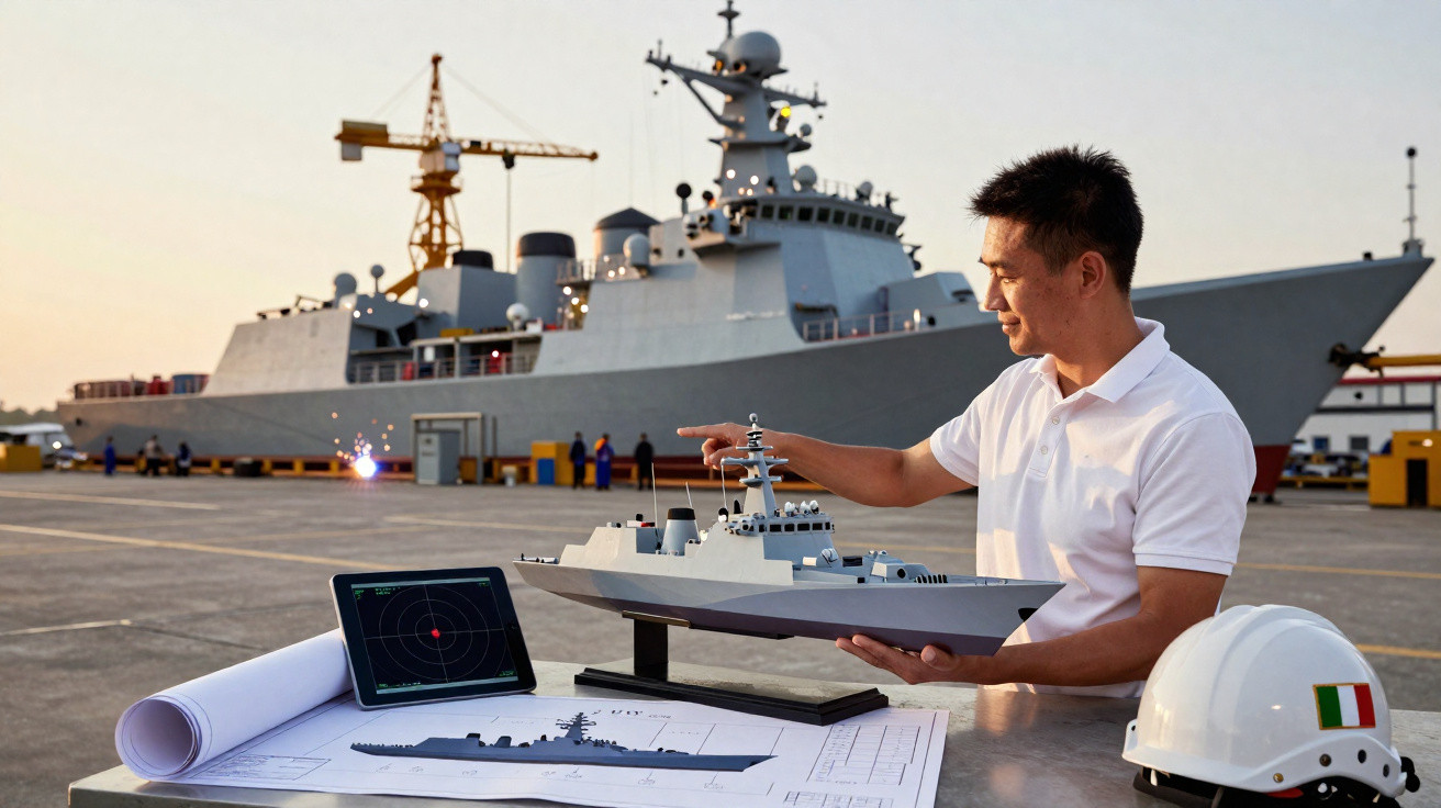 Homem analisando modelo reduzido de navio de guerra com planta e radar em mesa em estaleiro naval.