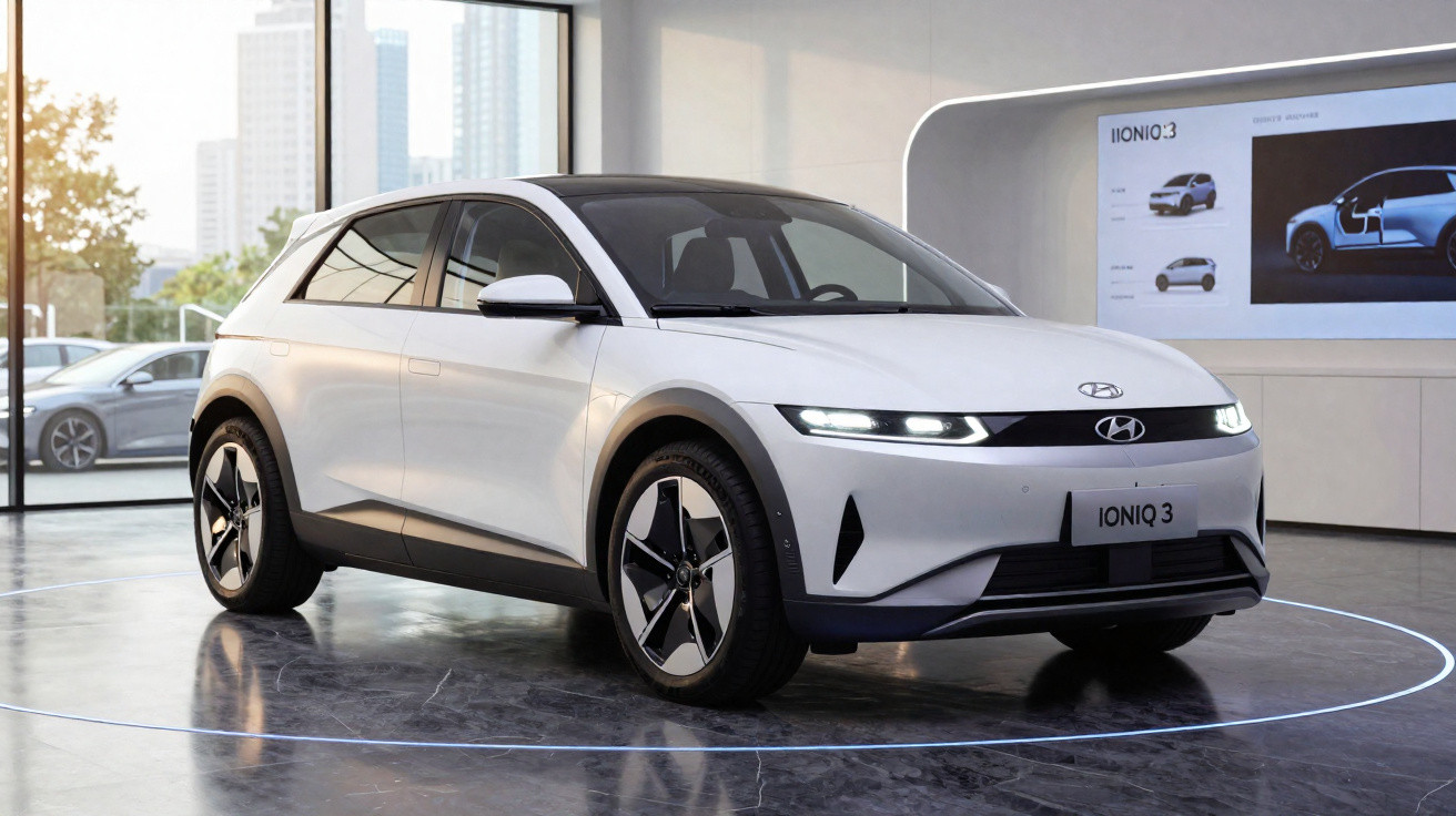 Carro elétrico Hyundai Ioniq 3 branco em exposição dentro de showroom moderno.