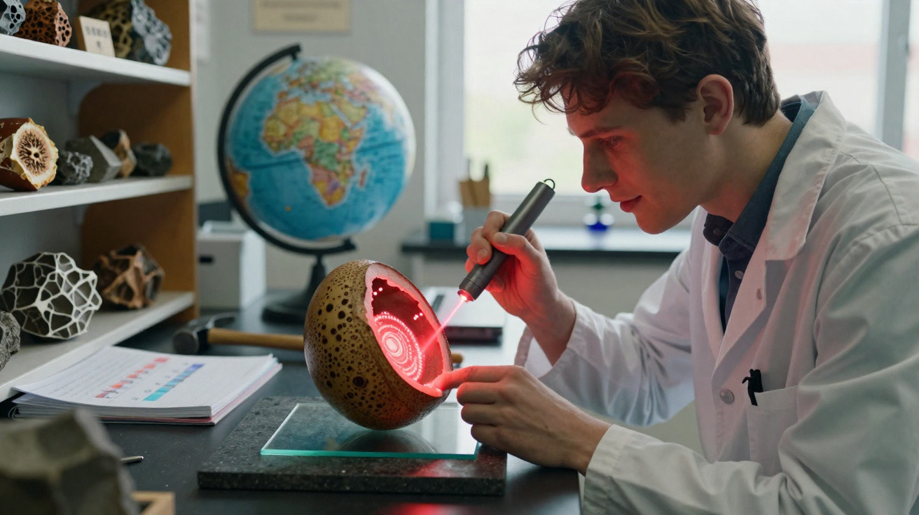 Cientista usando luz vermelha para analisar detalhes internos de um objeto esférico em laboratório.