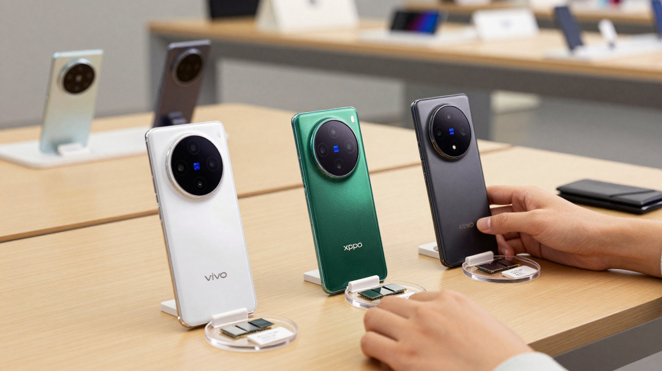 Três smartphones modernos em exposição sobre mesa, sendo um branco, um verde e um preto, com mão tocando o preto.
