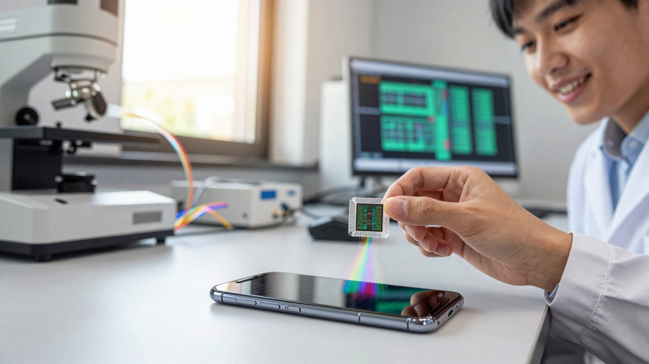 Pesquisador em laboratório segurando chip eletrônico sobre smartphone com projeção colorida digital.