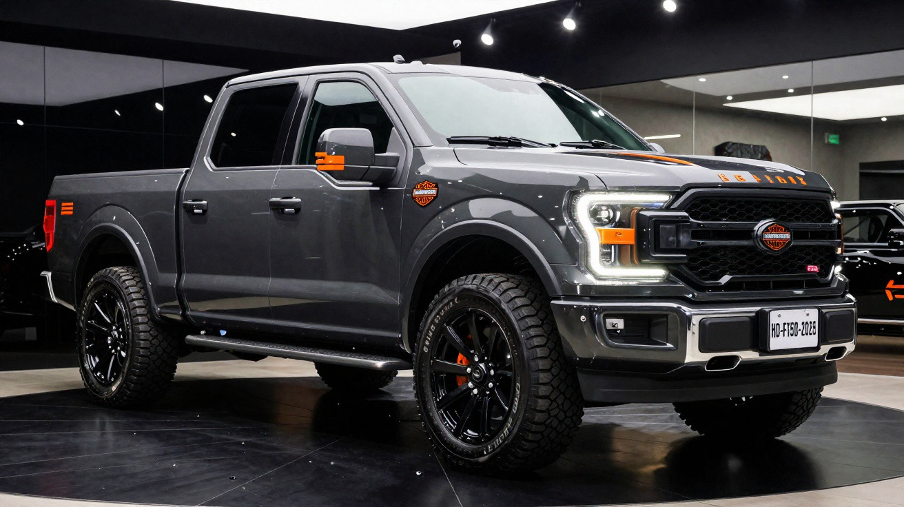 Picape Ford F-150 cinza fosca estilo off-road com detalhes em laranja em ambiente interno iluminado.