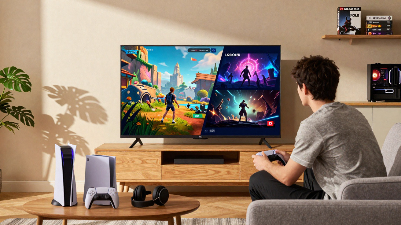 Jovem sentado no sofá jogando videogame em TV grande, com consoles e fone em mesa de centro.