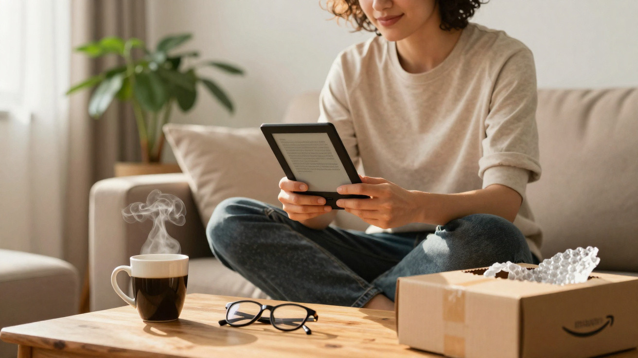 Pessoa sentada no sofá lendo em um e-reader, com café quente e óculos sobre a mesa de madeira.
