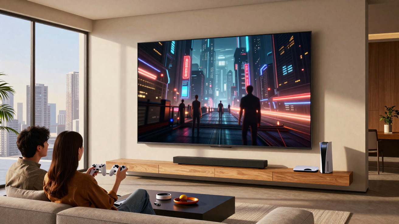 Casal sentado no sofá jogando videogame em televisão grande em sala moderna com vista para prédios.