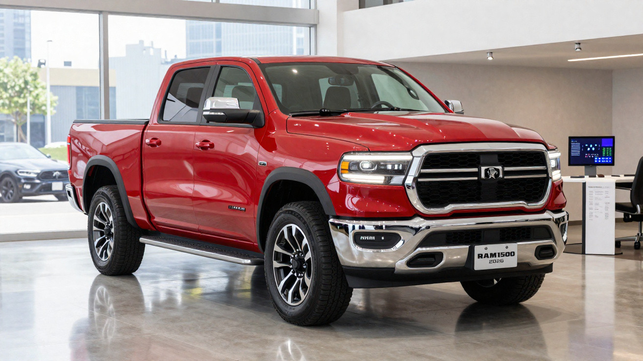Picape Dodge Ram 1500 2020 vermelha em showroom com janelas grandes ao fundo.