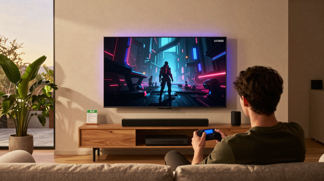 Jovem sentado no sofá jogando videogame em TV de tela grande com iluminação ambiente em sala moderna.