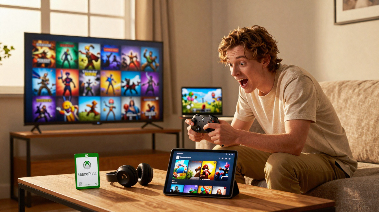 Jovem entusiasmado jogando videogame com controle, TV e tablet exibindo jogos digitais.