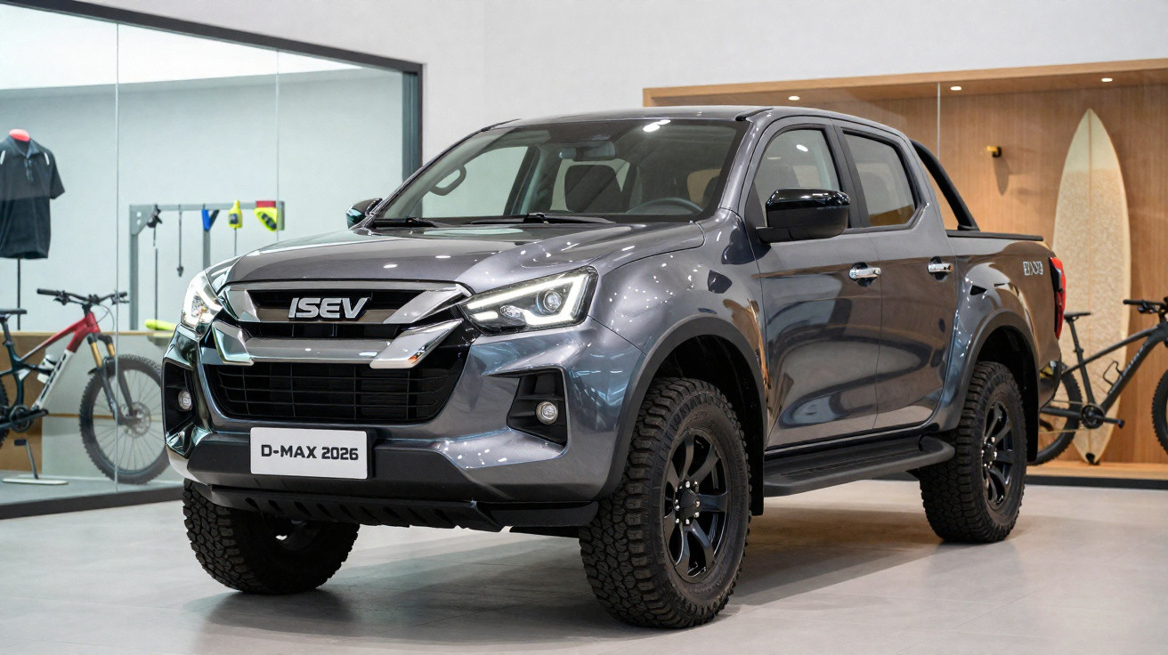 Picape cinza ISCV D-Max 2026 estacionada em ambiente interno com bicicletas ao fundo.