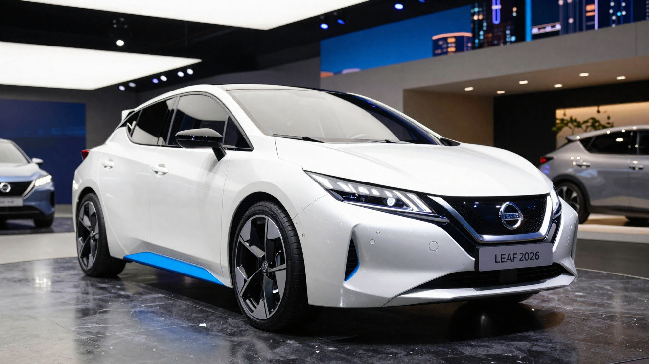 Carro elétrico branco Nissan Leaf 2026 em exposição com design moderno e rodas pretas.