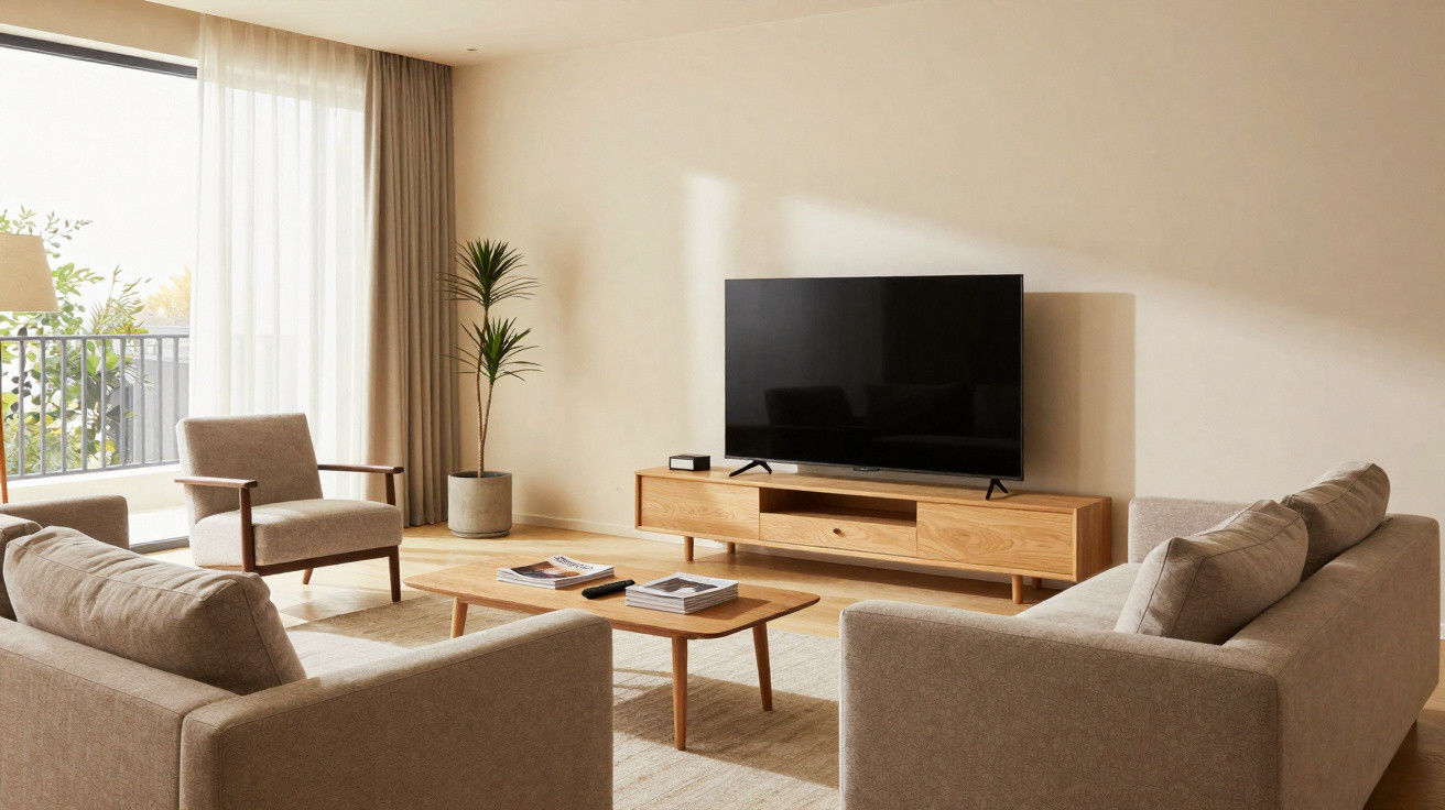 Sala de estar com sofás e poltrona bege, mesa de madeira, TV e planta ao lado da janela com cortinas.